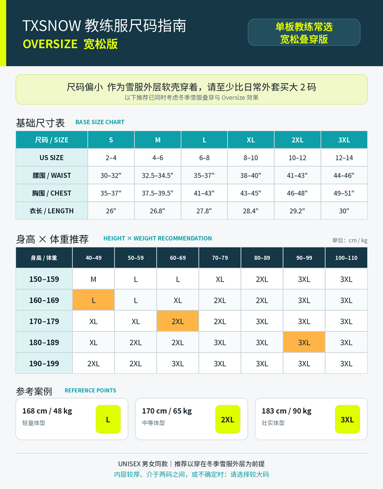 Original OVERSIZE size chart